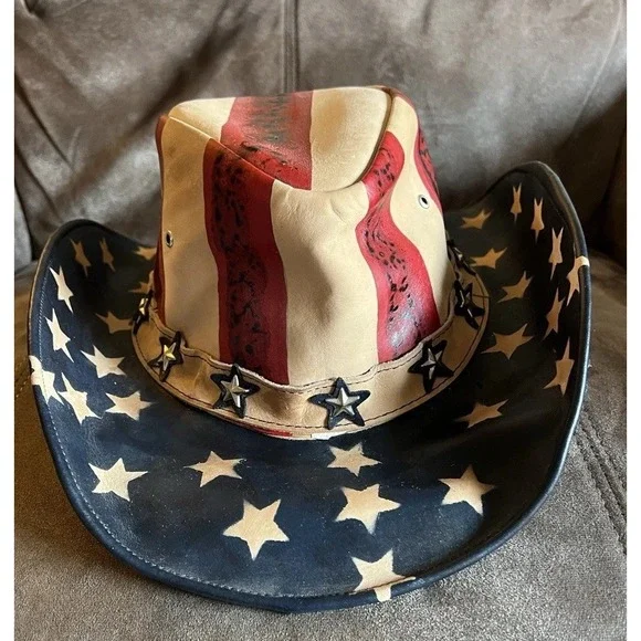 American Flag Cowboy Bull Hide Hat Star Brim Size Small - Picture 4 of 9